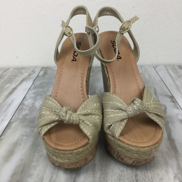 🅴 Soda 4" Espadrille Wrapped Cork Wedge Open-Toe Bow Accent Ankle Strap - Picture 5 of 14